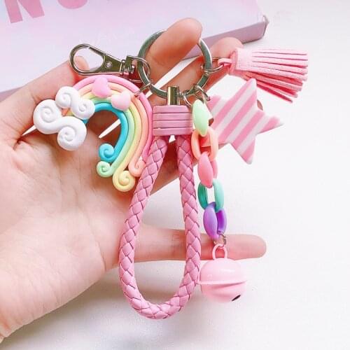 Lovely Cute Rainbow Key Chain Leather Strap Braided Rope Tassel Keychain for Women Girl Bell Star Lollipop Bag Charms Pendant