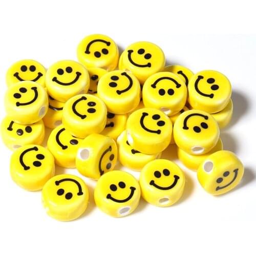20Pcs/Lot Smile Face Beads Ceramics 10.5mm Flat Round Shape Yellow Color Spacer For Jewelry DIY Bracelet Accessories
