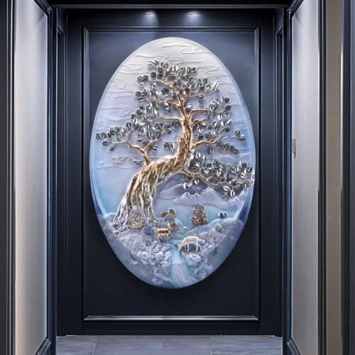 Hong Kong-style Porch Decorative Painting 3d Embossed Living Room Mural Lucky Wall Painting Round Financial Tree