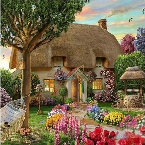 Div 5D Country Rustic Cottage Tree Garden Floral Flower Full Diamond Painting kits art Scenic 3D paint by diamonds