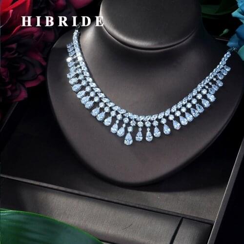 HIBRIDE Exclusive Chain Geometric Drop Elegant Women Wedding Naija Bridal Cubic Zirconia Lariat Necklace Earring Dubai N-227