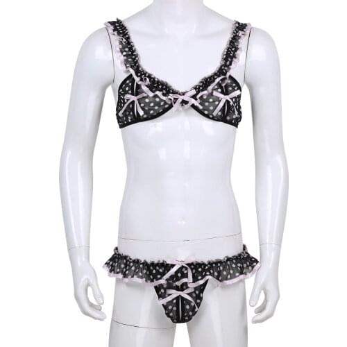Gay Male Sexy Erotic Lingerie Set Men Chiffon Frilly Ruffled Polka Dot Bra Top Sissy Panties Open Butt Jockstrap Underwear Thong