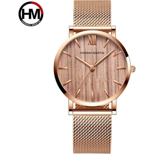Wood Grain Walnut Japan Quartz Movement Ladies Watches Luxury Brand Stainless Steel Mesh Band Waterproof Women Wrist watches