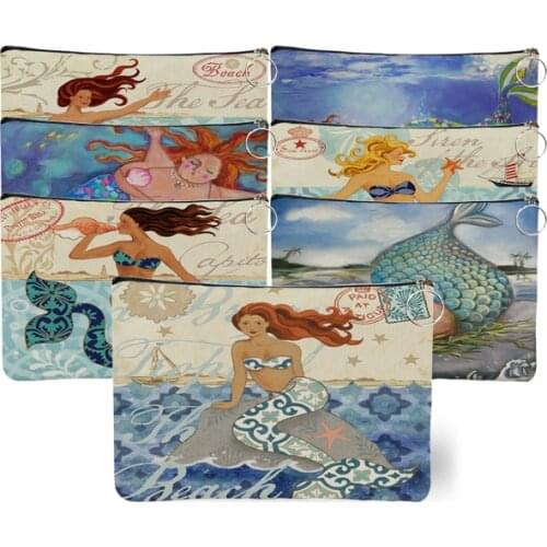 Fashion New Women Canvas Makeup Bags Cartoon Mermaid Print Travel Cosmetic Bag Toiletries Organizer Storage Neceser Pouch