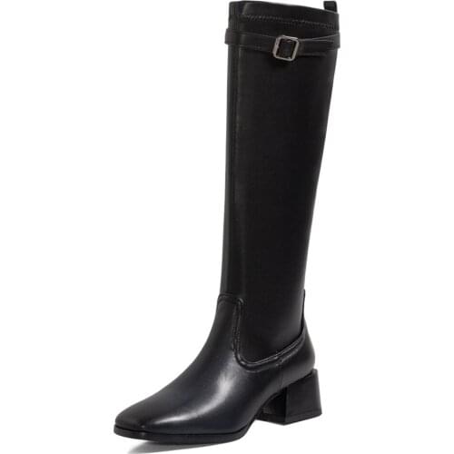 Oversized Fashion All-Match Simple Long-Tube Womens Boots, Belt Buckle Square Toe Microfiber Thick Heel Knee-Length Boots