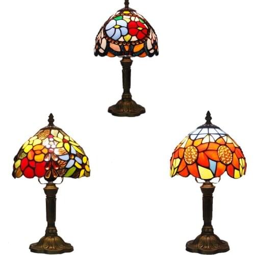 Tiffany Table Lamp Color Glass Lamp Shade Resin Base Retro Mediterranean Style Table Lamp Bedroom Dining Room Art Desk Light