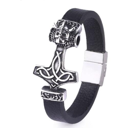 Nostalgia Nordic Thor Hammer Mjolnir Stainless Steel Odin Wolf Head Vikings Accessories Magnetic Viking Bracelet Men Leather