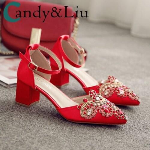 2020 New Crystal Chinese Traditional Wedding Dress Wedding Shoes Womens Chunky Red High Heel Pregnant Women Bride Shoes Size