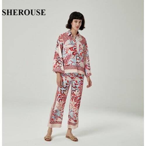2021 New Women Printed 2 Pieces Set Long Sleeve Shirt Oversized Blouse Long Trousers Suit Pajamas Women Outfit Pants Sets