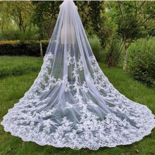 Elegant One Layer White Wedding Veil with Lace Appliques Vestido De Noiva Longo Custom Made Elegant Bridal Veil with Comb
