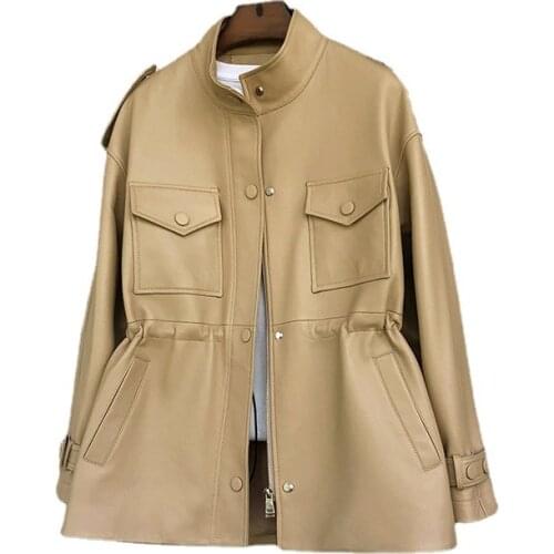 Genuine Soft Sheepskin Leather Suede Coat Autumn Women Trench Dress Moto Suit LF21004MQ