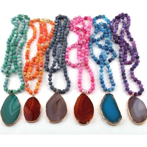 Fashion Semi Precious Stones Weathered Agat long Knotted Natural Stone Pendant Necklace For Women Ethnic Necklace