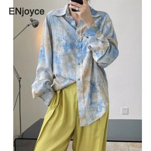 Vintage Blue Floral Printed Long Sleeve Shirts Women Summer Casual Loose Korean Style Blouse Ladies Fashion Workwear Thin Shirt