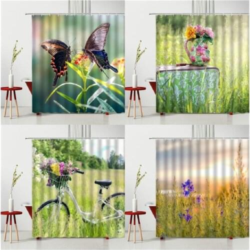 Shower Curtains Spring Landscape Flowers Butterfly Lawn Bathtub Decoration Bathroom Accessories Multiple Size Bath Curtain