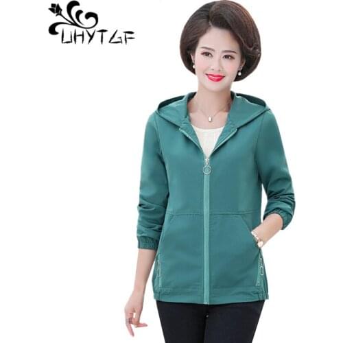 UHYTGF Spring autumn jacket womens fashion hooded loose 5XL plus size coat zipper pocket casual jacket female chaqueta mujer 861