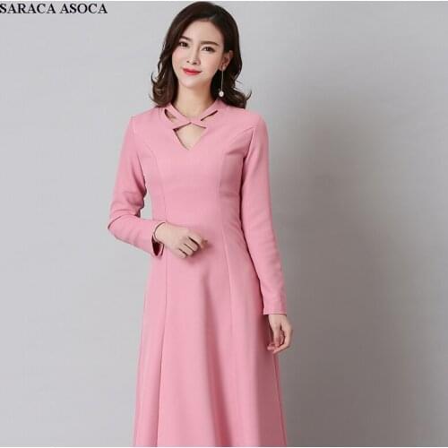 Spring Summer Ankle-Length Dress Girls High Waist Full Sleeve V-Neck Long A-Line Party Dress Lady