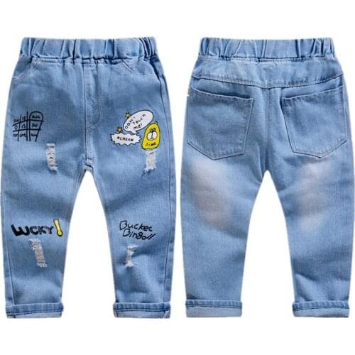 2021 Spring Boys Pants Print Pattern Trousers Girls Cartoon Ripped Pant Children Clothing Kids Clothes Baby Girl Birthday Jeans