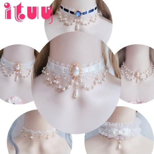 Lolita Necklace Vintage Gothic Rococo Style Wedding Princess Bowknot Lace Pearl Necklace Accessories