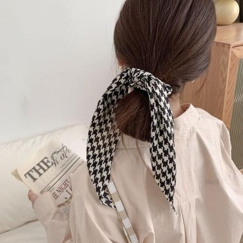 Women Elegant Long Ribbon Hair Tie Rubber Bow Hair Rope Girls Elastic Hair Band Houndstooth Pattern Scrunchie Hair Accessories