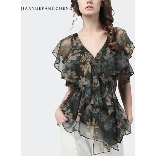 Fashion Floral Chiffon Tops Women Summer V-Neck Short Sleeve Ruffles Off Shoulder Elegant Slim All-match Temperament Blouses