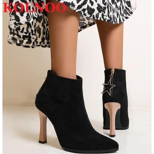 KOLNOO Handmade Ladies Thick Heels Ankle Boots Faux Kid-Suede Pointed-Toe Large Size 35-47 Martin Booties Fashion Winter Shoes
