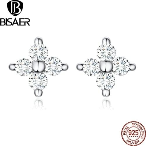 BISAER 925 Sterling Silver Shining Cubic Zircon And Square Exquisite Stud Earrings for Women Wedding Engagement Jewelry ECE648