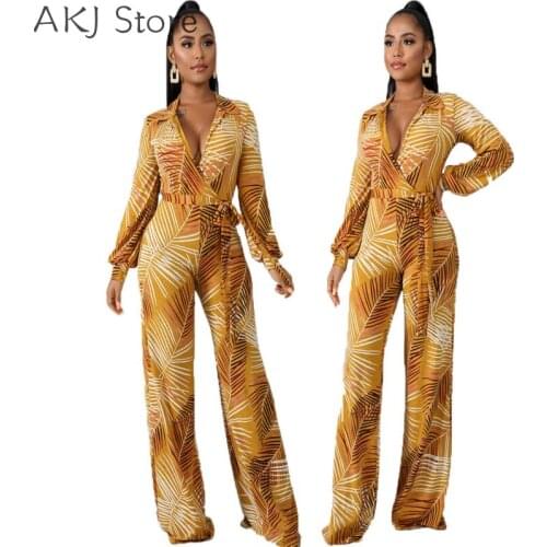 Women Elegant Long Sleeve Deep V Neck Print Wide Leg Jumpsuit