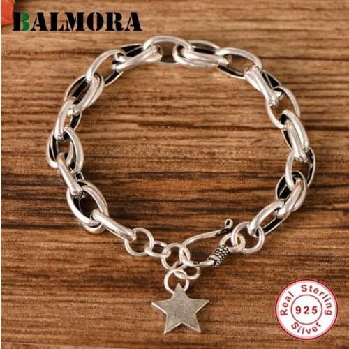 BALMORA Real 100% 925 Sterling Silver Pentagram Bracelets For Women Men Thai Silver 20 cm Bracelet Vintage Brace Lace Jewelry