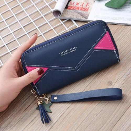 Women Patchwork Panelled Zipper Wallet Star Tassel Long Billfold Coin Pocket Change Purse Bank Credit ID Card Holders Cover Bag