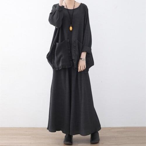 Johnature Women Solid Color Two-piece Suit New Casual Patchwork Ruffles Tops And Elastic Waist Wide Leg Pants Suits