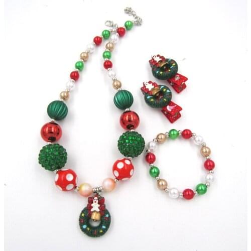 1set Child Lovely Green Donut Charm Toddler Girls Chunky Necklace Bracelet Hairpin jewelry set For kids Girl Christmas Gift