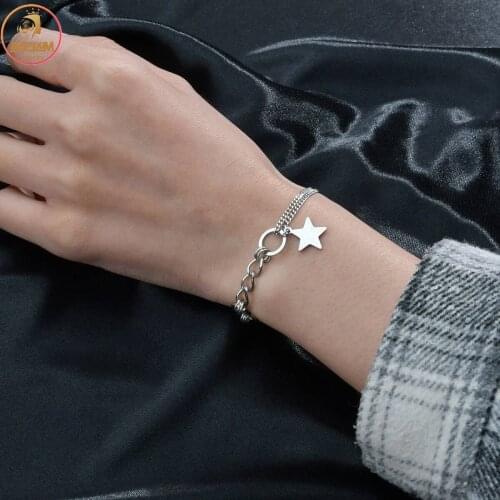 Akizoom Fashion High Quality Stainless Steel Bracelets Silver Color Star Thick Chain Bangles For Women Jewelry Birthday Gift