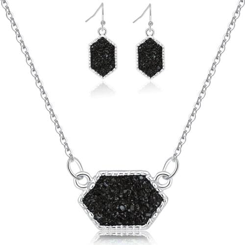 Druzy Drusy Necklace Earrings Jewelry Set Resin Crystal Stone Earings Brand Hexagon Dangle Earrings Wedding Party