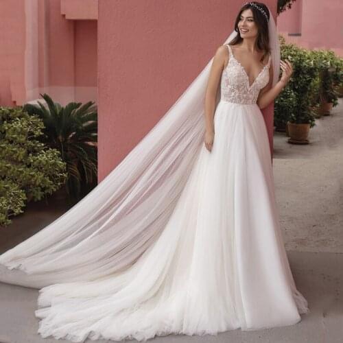 Eightree Elegant White Lace V-neck Wedding Dress Tulle Appliques A-Line Backless Bridal Ball Gown Long Evening Dress Custom Size