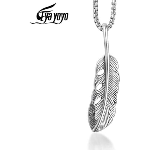 EyeYoYo Eagle Feather Pendant Necklace Men Retro Leaf Feather Long Necklace