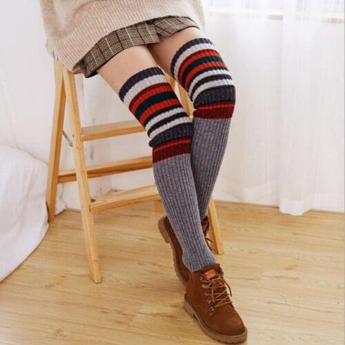 Winter Wool Over-Knee Socks Women Leg Warmers Colorful Stripe Matching Thicken Leggings Cover Boot Stockings Girls Fashion
