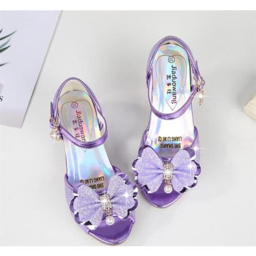 Hot Girls crystal high heels Summer fashion bow sandals Peep Toe Princess shoes Blue Pink Silver purple