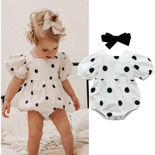 Infant Baby Girls Summer Short Sleeve Polka Dot Romper + Bow Headband Infant Kids 2pcs Summer Clothing Toddler Casual Outfits