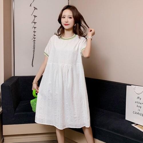 Summer White Embroidery Cotton Materntiy Straight Dress Double Layer Loose Clothes for Pregnant Women Casual Pregnancy