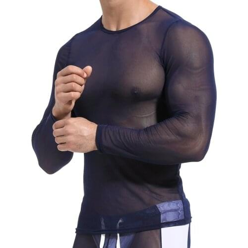 Men Undershirt Sexy Mesh Quick Dry Sports Gym T-shirts Long Sleeve Transparent Shirt Tee Gay Underwear Tops Nightwear Sleepwear