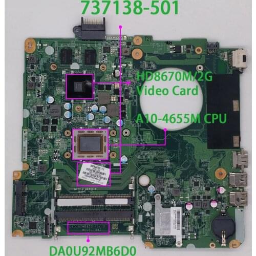 Genuine 737138-501 737138-001 737138-601 DA0U92MB6D0 w HD8670M/2G A10-4655M Laptop Motherboard for HP 15-N Series 15Z-N100 PC