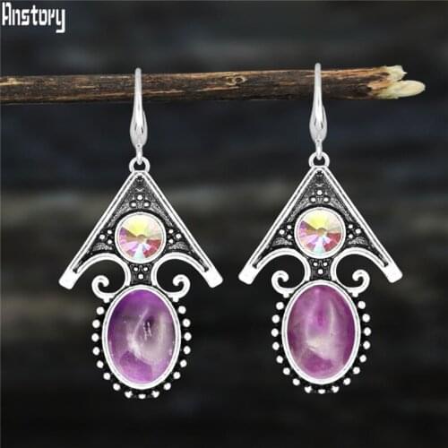 Oval Amethysts Dangle Earrings For Women Tibetan Silver Plated Natural Stone Rose Quartz Lapis Lazuli Jades Pendant Earring