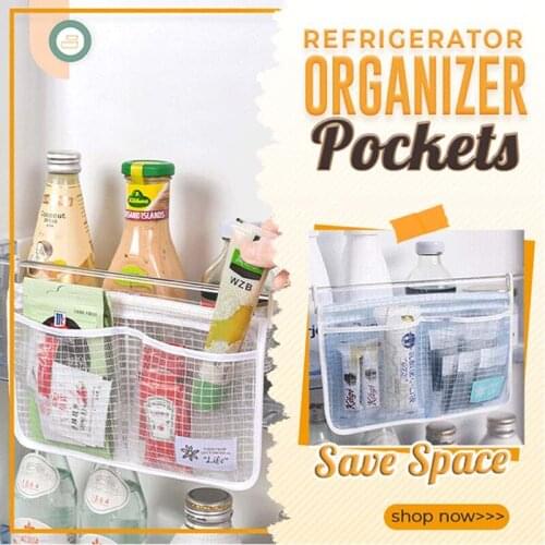 Refrigerator Storage Mesh Bag Two Grids Hanging Household Kitchen Tidy Seasoning Organizer With Hook Fridge Organizer Pocket