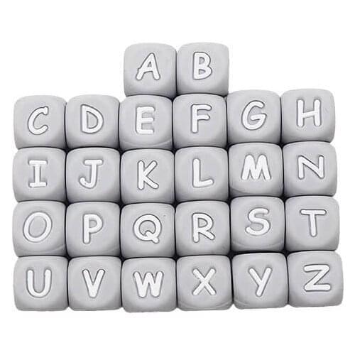 Chenkai 20PCS 12mm Silicone Grey Letter Beads DIY Baby Sensory Chewing Pacifier Teether Necklace Pendant Teething Toy Alphabet