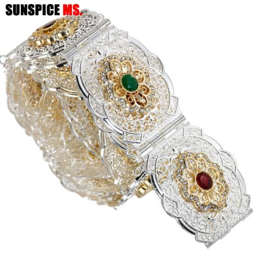 Sunspicems Gold silver color Kaftan Belt for Women Morocco Ethnic Wedding Dress Caftan Waist Jewelry Crystal Belly Chains Gift