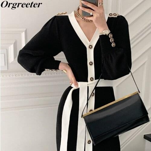 New Fall Winter Temperament V-neck Slim Single-breasted Color-Blocking Knitted Dress Lace-Up Waist Sweater Robes Mujer Vestidos