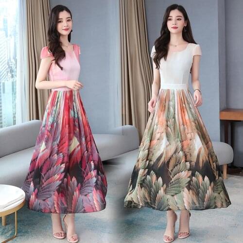 2021 Vintage Boho Print Chiffon Beach Midi Dress Spring Summer Plus Size Runway Maxi Dress Elegant Women Bodycon Party Vestidos
