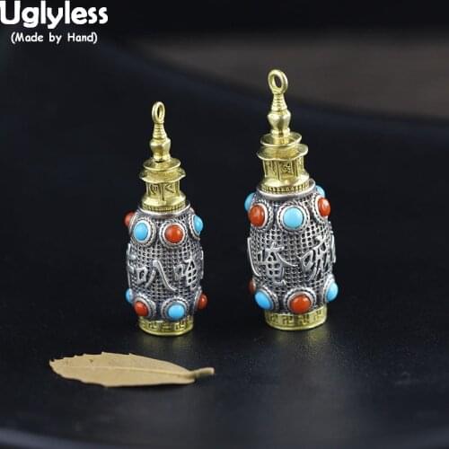 Uglyless Nepal Vintage Open Box Pendants for Lovers Unisex Agate Turquoise Necklaces NO Chains Religious 925 Silver Bijoux P1002