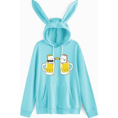 2021 Spring Autumn Women Hoodies Kawaii Rabbit Ears Fashion Kangaroo Pocket Hoody Casual Cyan Sweatshirt Hoodies for Women