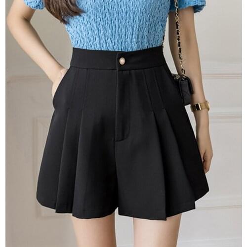 High Waist Pleated Shorts Skirts Women 2021 Summer Loose A-LINE Shorts Casual Fashion Pockets White Black short pants
